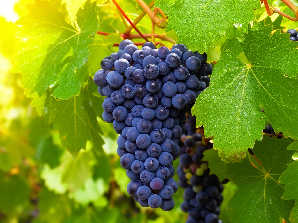 Grappolo di uva nera matura su vite con foglie verdi brillanti al sole, gocce d'acqua visibili sugli acini, sfondo sfocato di vigneto toscano