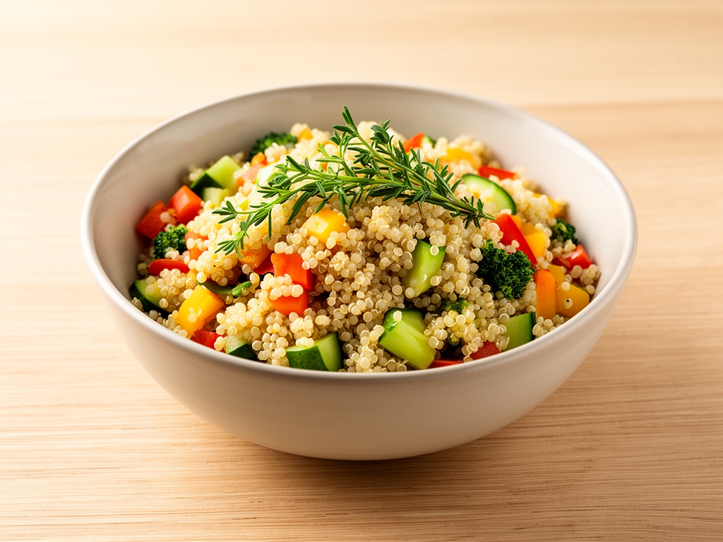 Ciotola di quinoa cotta con verdure fresche colorate su sfondo di legno chiaro, composizione gastronomica sana con erbe aromatiche, illuminazione naturale calda