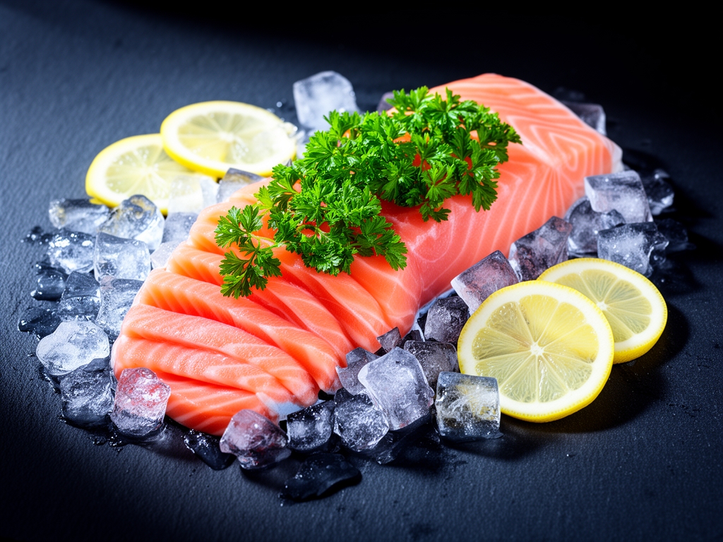 Salmone fresco tagliato a fette su ghiaccio con prezzemolo fresco e fette di limone, superficie di ardesia scura, foto gastronomica con luce laterale drammatica