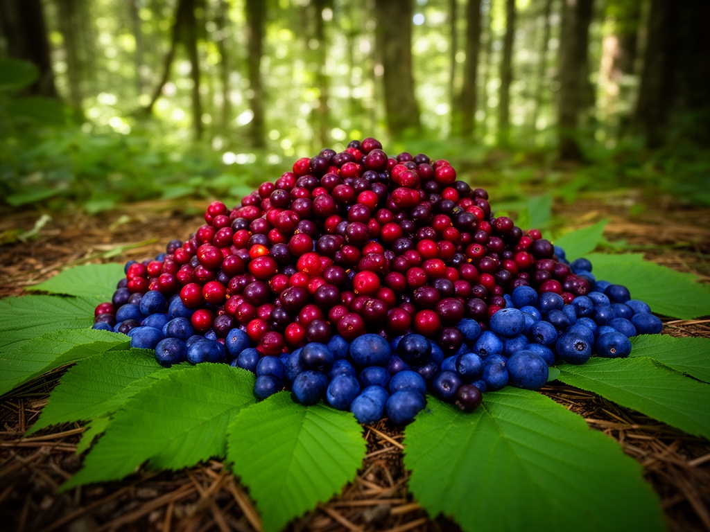 Bacche selvatiche di colore rosso scuro e blu profondo ammucchiate su foglie verdi nella foresta, illuminazione naturale filtrata dal fogliame, composizione rustica e autentica