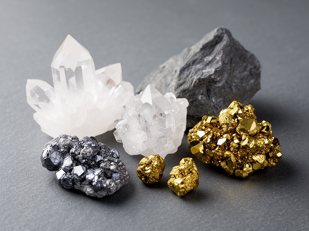Cristalli e rocce minerali naturali di vari colori su superficie di ardesia grigia: quarzo bianco trasparente, ematite grigio argentata e pirite dorata con riflessi metallici sotto luce morbida