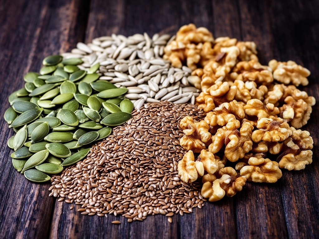 Assortimento di semi e noci su superficie di legno scuro in stile rustico: semi di zucca verde, semi di girasole, noci tritate e semi di lino, composizione artistica ravvicinata